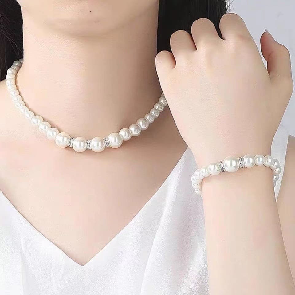 Pearl Jewelry Set for Women, necklace, earrings, bracelet, three-piece set, gift for mom, beautiful wedding photo accessories