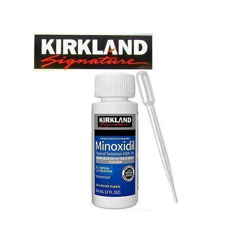 Kirkland Minoxidil bottle with dropper on a white background