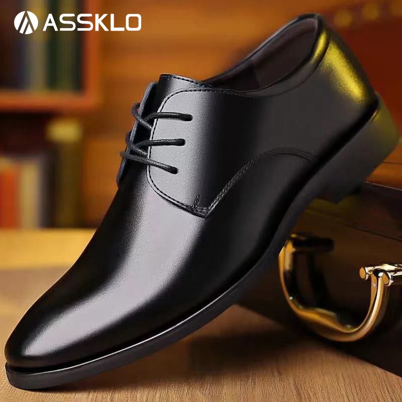 ASSKLO business formal leather shoes Official Shoes for men fashionable and elegant Rubber outsole with raised pointed toe for men lace up leather shoes for weddings groom's Plain Lace up Derby