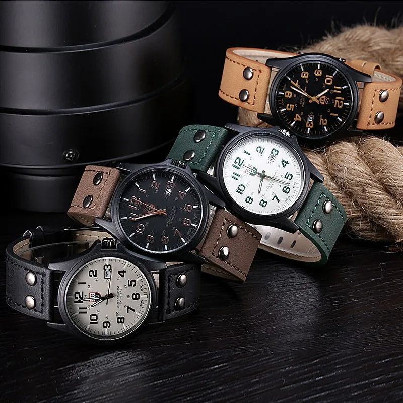 Hot Sales Men Sports Watch Casual Wristwatch Date Calendar Quartz Leather Strap Watches Fashion Clock Out-door Business Quartz Analog Male Watch Wrist Watch Valentines Gift