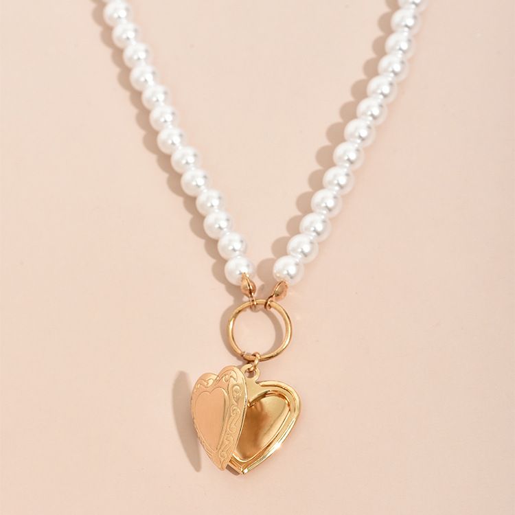 Pearl chain can open peach heart pendant necklaceJewelry fashion personality style Gold as picture Amazon hot-selling