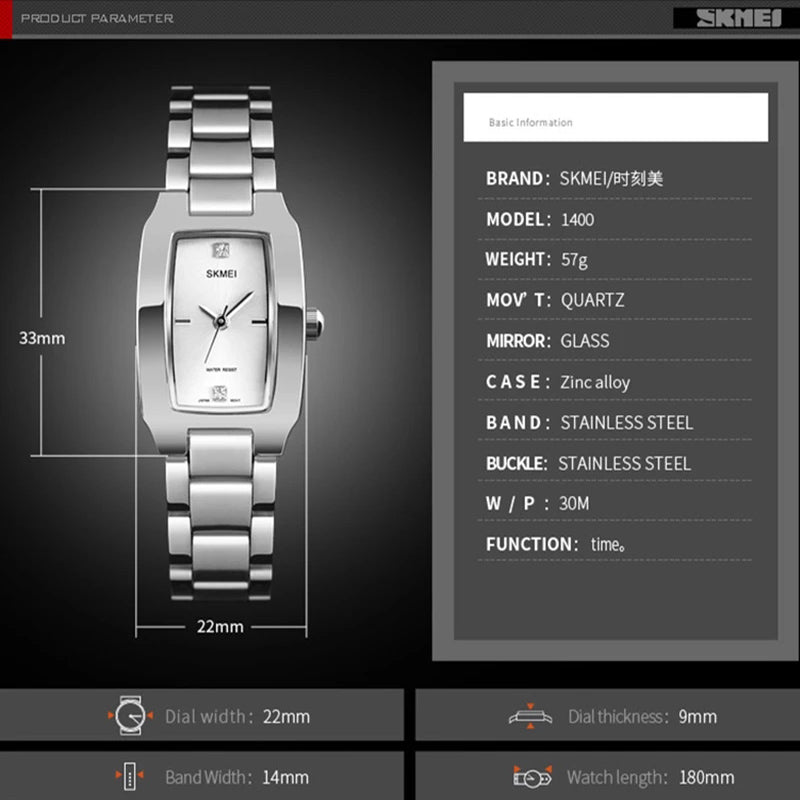 SKMEI Women Watch Rectangle Dial Elegant Quartz Japanese Lady Wristwatches Golden Stainless Steel Bracelet Watches