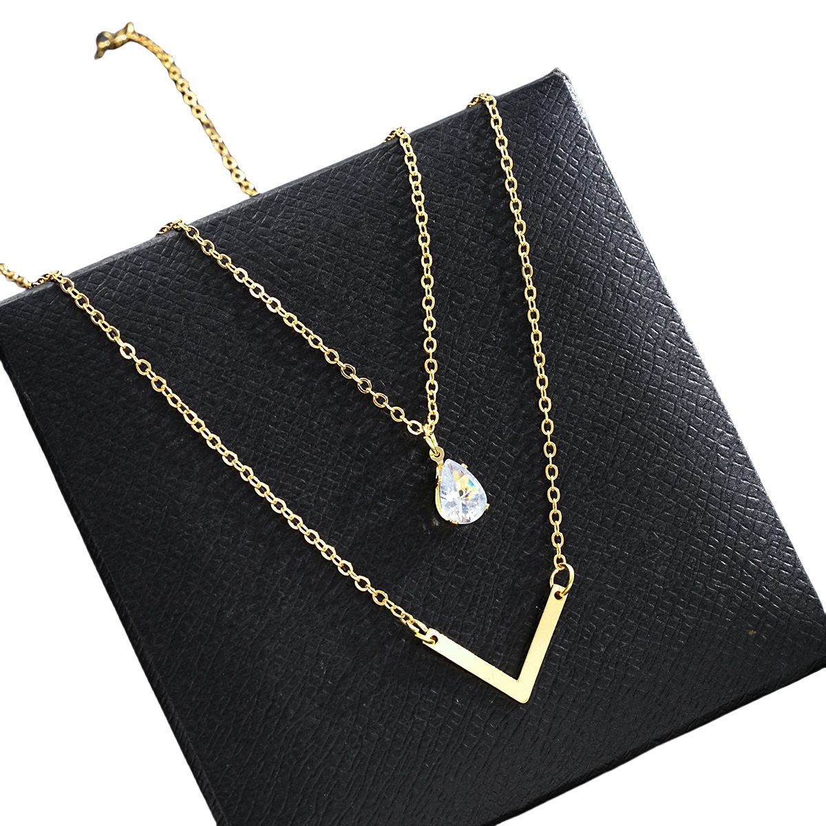 New V-Shaped Water Drop Zircon Necklace 2-Piece Set Creative Simple Geometric Niche Necklace Set Women