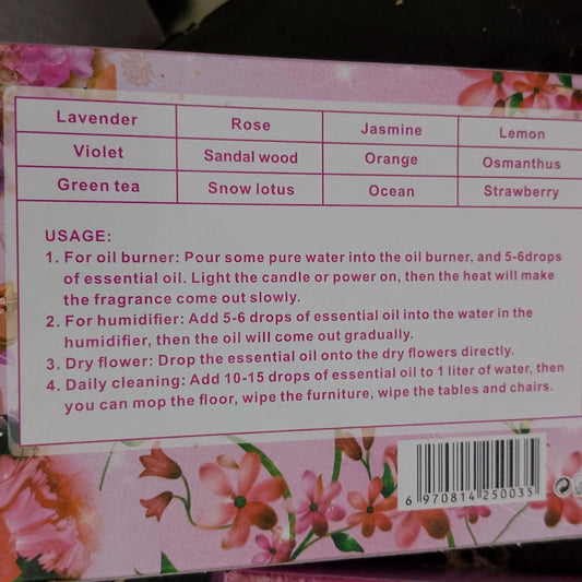 12 pcs Essential Oil Set for diffuser, humidifier, Aromatherapy Scents: Lavender Violet Green Tea Rose Sandal wood Snow Lotus Jasmine Orange Ocean Lemon Osmanthus Strawberry