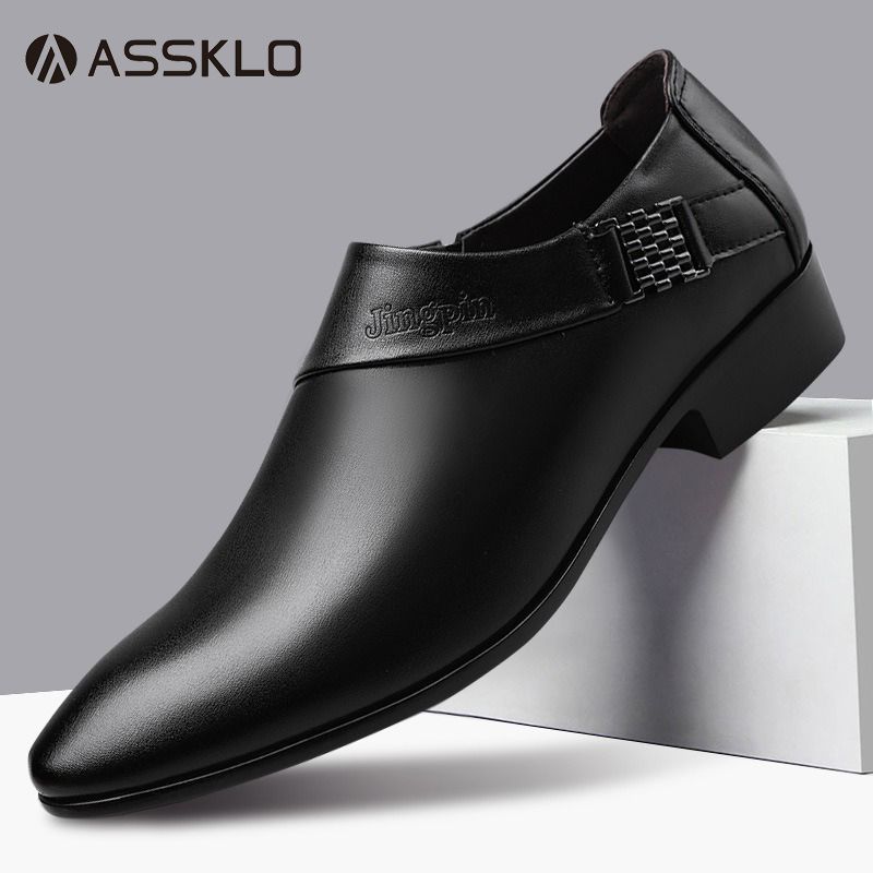 ASSKLO Large Size Full Leather Elegant Men's shoes men's leather shoes Official Shoes British Business Shoes Men Pointed Leather Formal Office Oxford Work high rise Black Men slip on dress loafers