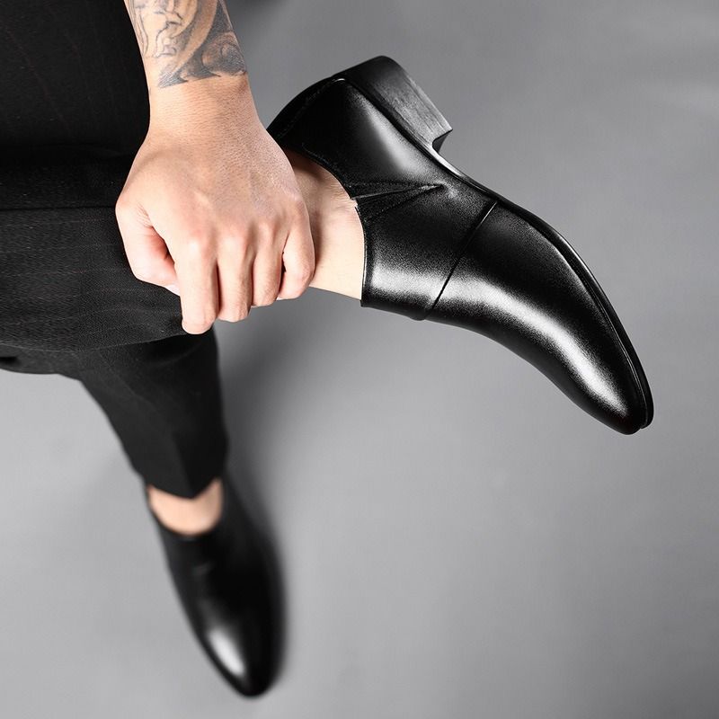 ASSKLO Large Size Full Leather Elegant Men's shoes men's leather shoes Official Shoes British Business Shoes Men Pointed Leather Formal Office Oxford Work high rise Black Men slip on dress loafers