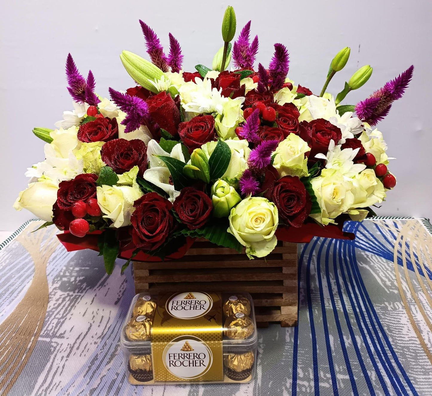 Loyal Wooden box bouquet and Ferrero chocolates
