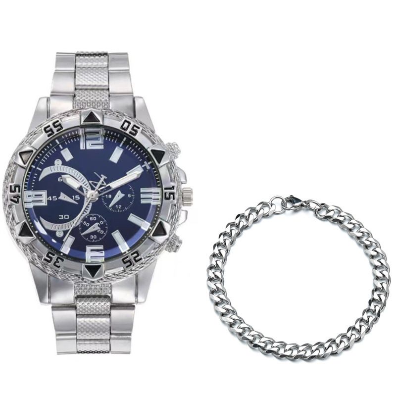 2-Piece Stainless Steel Strap Large Dial Men's Fashion Quartz Watch Bracelet Gift Chain Silver