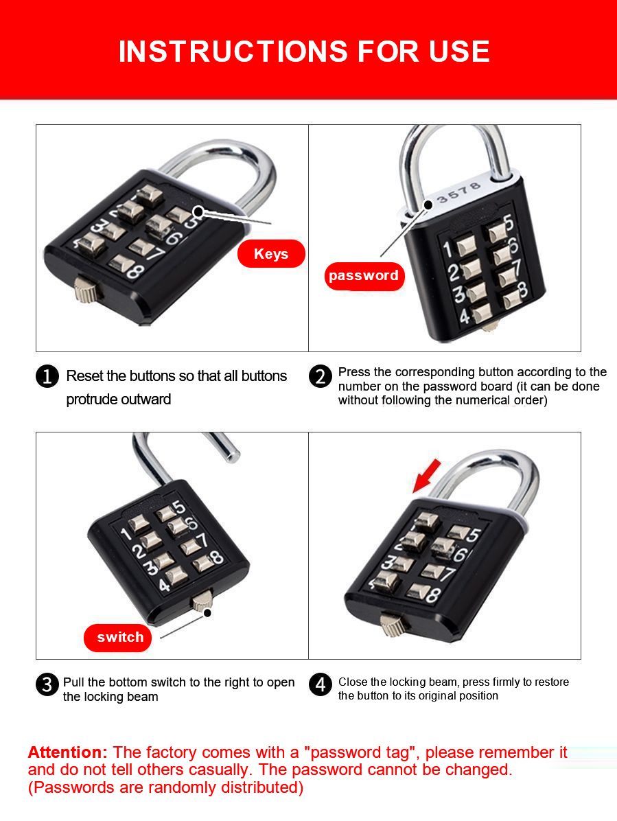 Smart Password Combination Padlock10/8/6 Digits Keypad Lock Outdoor Waterproof Anti-theft Safe Padlock Hasp Mini Code Padlock For School Office Luggage Door Lock Cabinet File Box Locker Toolbox Fence