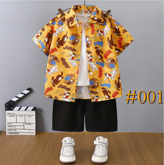 2-Piece Set (Shirt+Shorts) New Boys' Casual Clothing Set Cute Printed Short Sleeve Shirt & Summer Shorts Outfit For Kids