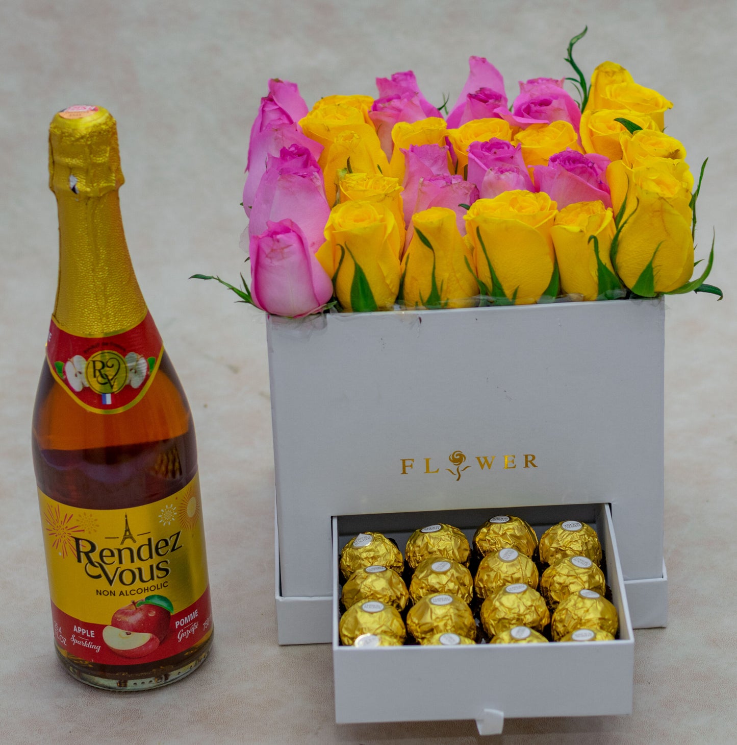 Mixed Yellow and Pink Roses and Ferrero Rocher Chocolates