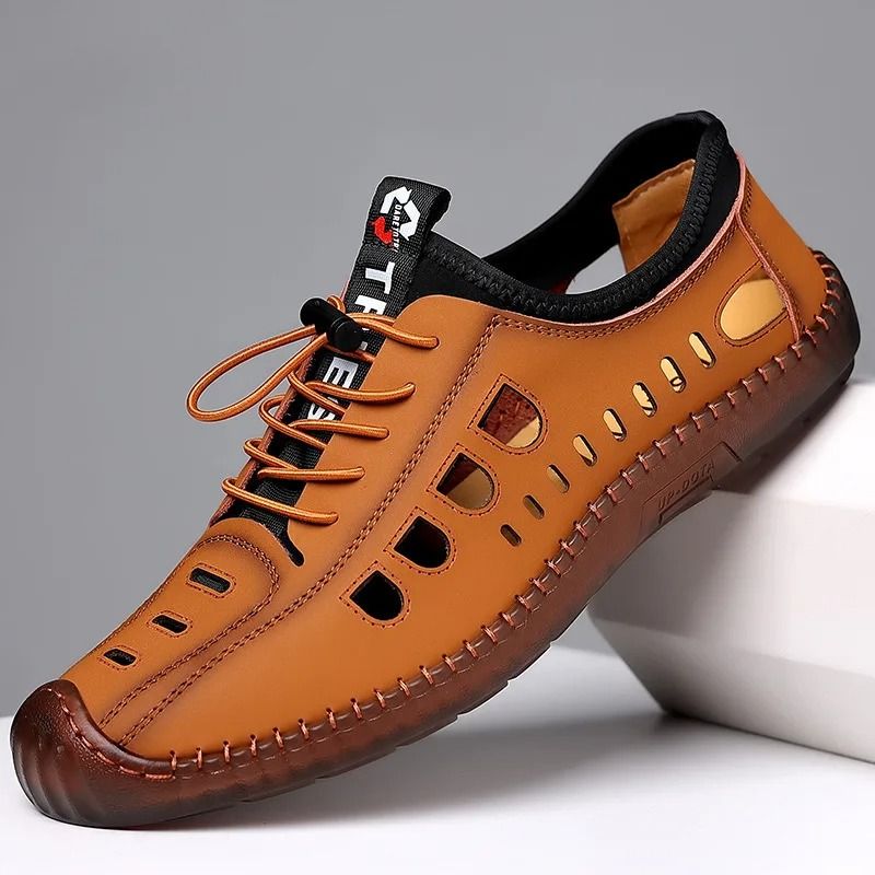 ASSKLO Men Leather Sandals PU Leather Loafers Hole Shoes Non-slip Cow Tendon Sole Casual Shoes Wading Shoes Beach Shoes Oxford outdoor lightweight sneakers Casual Sandals Hollow Out Shoes Flats brown