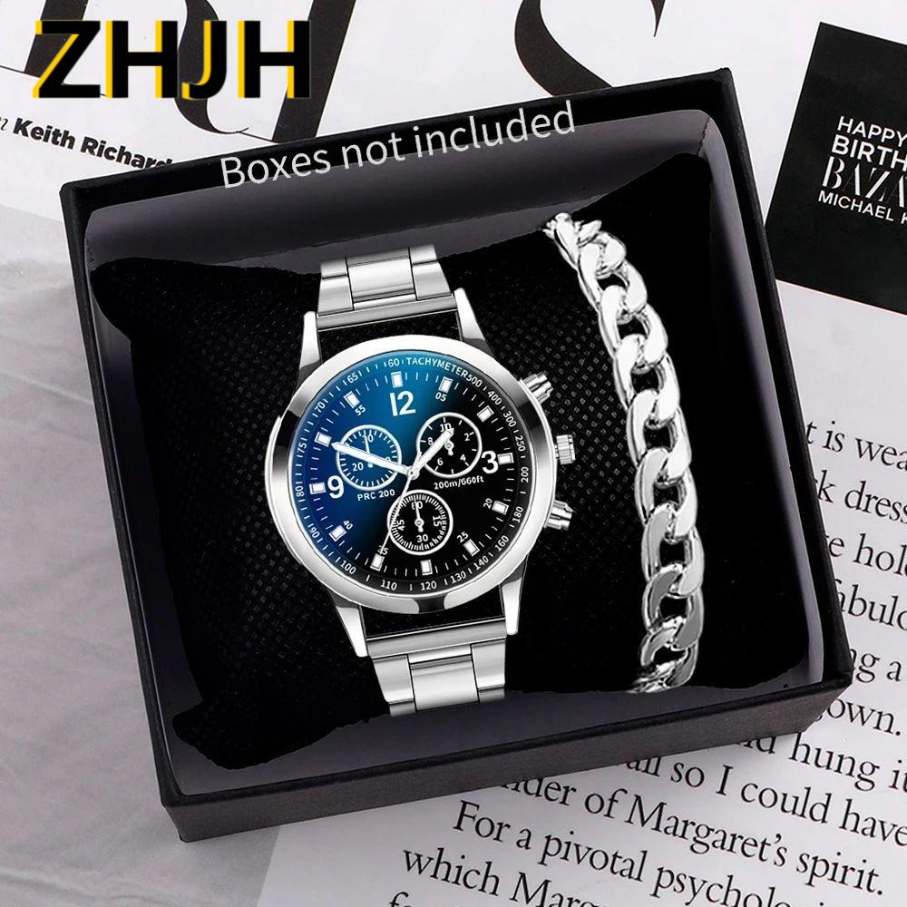 ZHJH Men's Large Dial Watch Metal Bracelet Set Men's Metal Strap Wristwatch Men's Quartz Watch Silver Watch Set