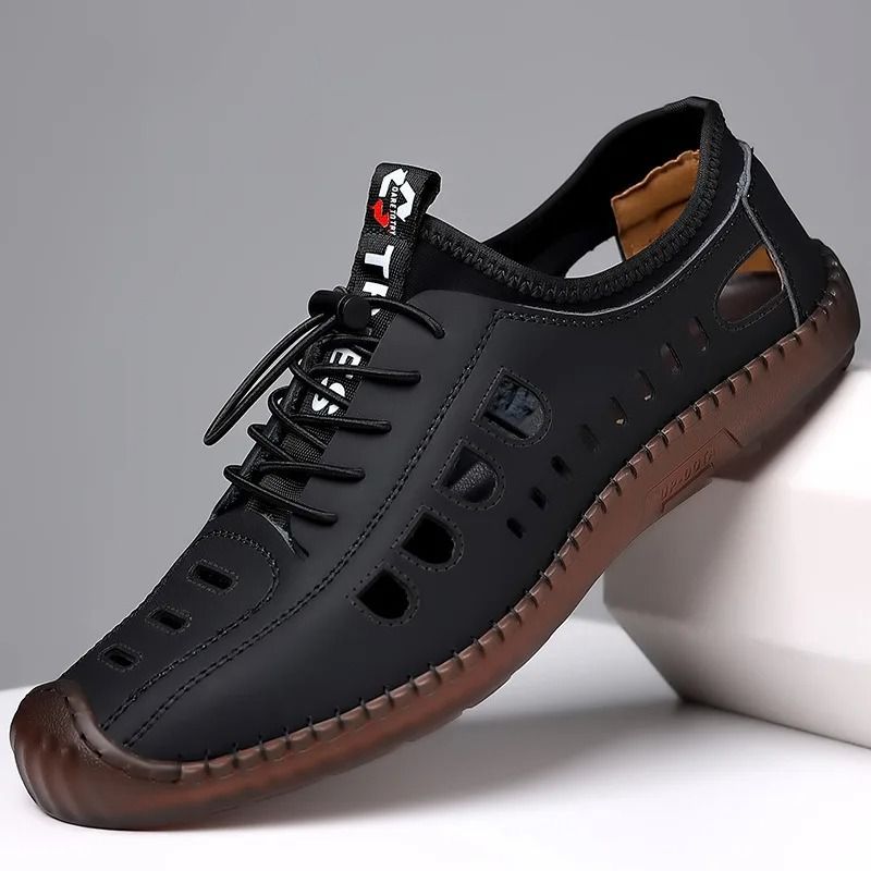 ASSKLO Men Leather Sandals PU Leather Loafers Hole Shoes Non-slip Cow Tendon Sole Casual Shoes Wading Shoes Beach Shoes Oxford outdoor lightweight sneakers Casual Sandals Hollow Out Shoes Flats brown