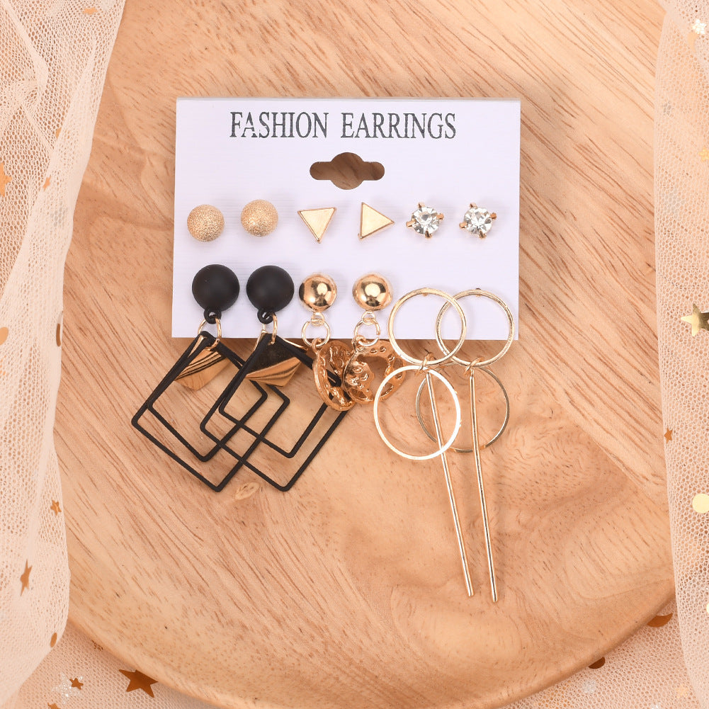 2022 new fashion beautiful 6pcs/set diamond earrings black punk exaggerated earrings pearl earrings golden triangle earrings hot selling gift for women