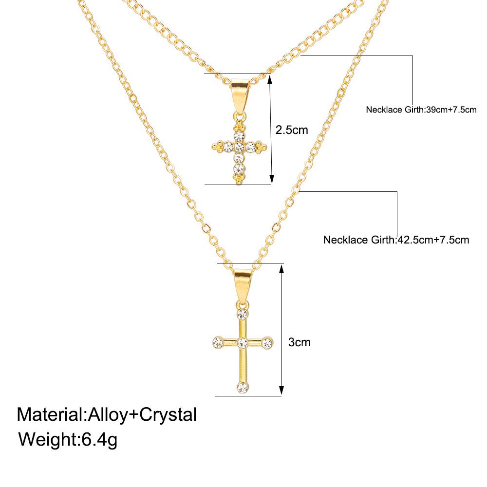 European And American New Exaggerated Personality Full Diamond Cross Pendant Chain Collarbone Chain Necklace Double Stacked Necklace