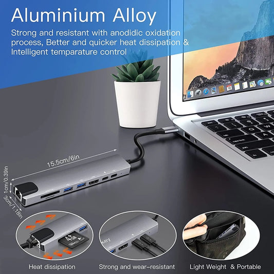 PAFEL 8-in-1 USB C HUB Type C to HDMI Adapter Type-c to USB 3.0 RJ45 Ethernet Micro SD Card Reader USB C PD Charging Multiport Hubs