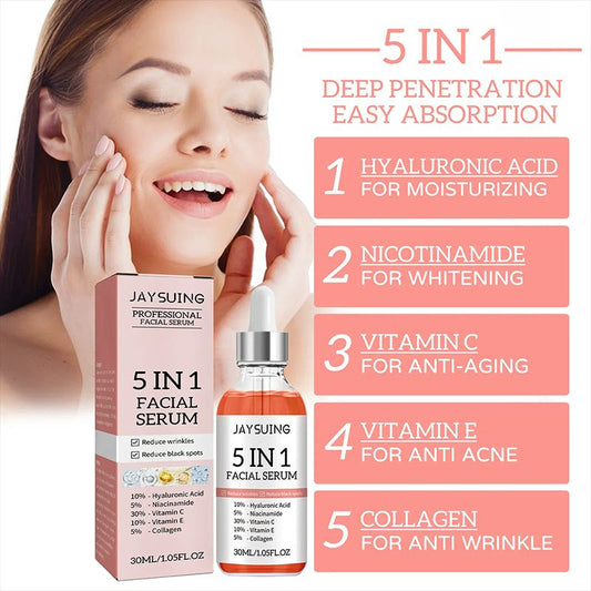 5 in 1 Face Serum Anti-wrinkle Hydrating Hyaluronic Acid Serum Vitamin C Facial Essence Lightening Spots Vitamin E Essence Smoothing and Brightening Care Niacinamide Collagen Hydrating and Moisturizin
