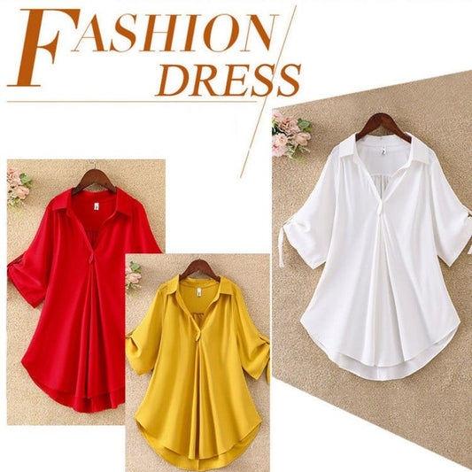 1 PC Medium To Long Shirt Short Sleeve Top Lady Shirt Short Sleeved Chiffon Shirt For Women In Plus Size Loose Fit Waist Cinching Slimming Chiffon Top Lady Wear Trendy