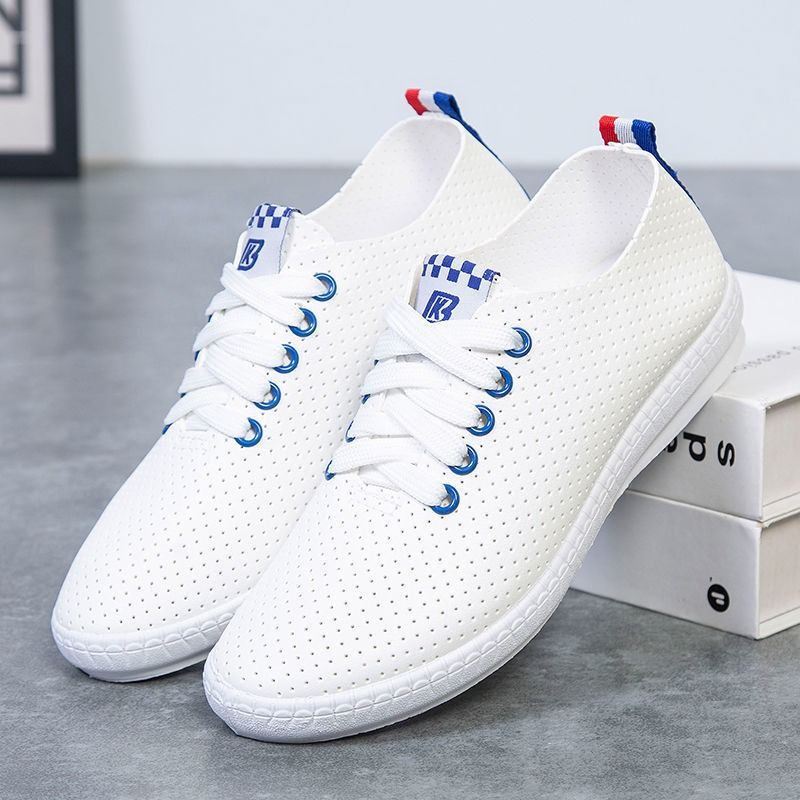 ASSKLO Women's Shoes Large Size Small White Shoes Flats Casual Shoes Sneakers Version Lace-up Soft Leather Shoes Ladies Shoes Girls School Outdoor student Shoes Fashion Round Toe Comfort white blue