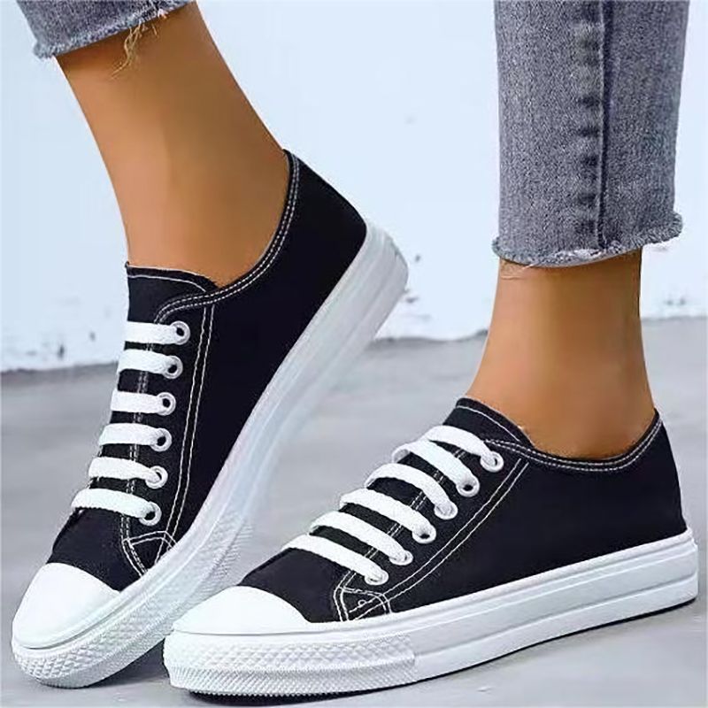 ASSKLO Flats shoes flat heel low top solid color black women's canvas small white shoes versatile version Black shoes