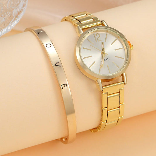 Ladies Fashion Simple Digital Alloy With Quartz Watch Bracelet 2pcs Set Luxury Women Simple Dial Ladies Watches