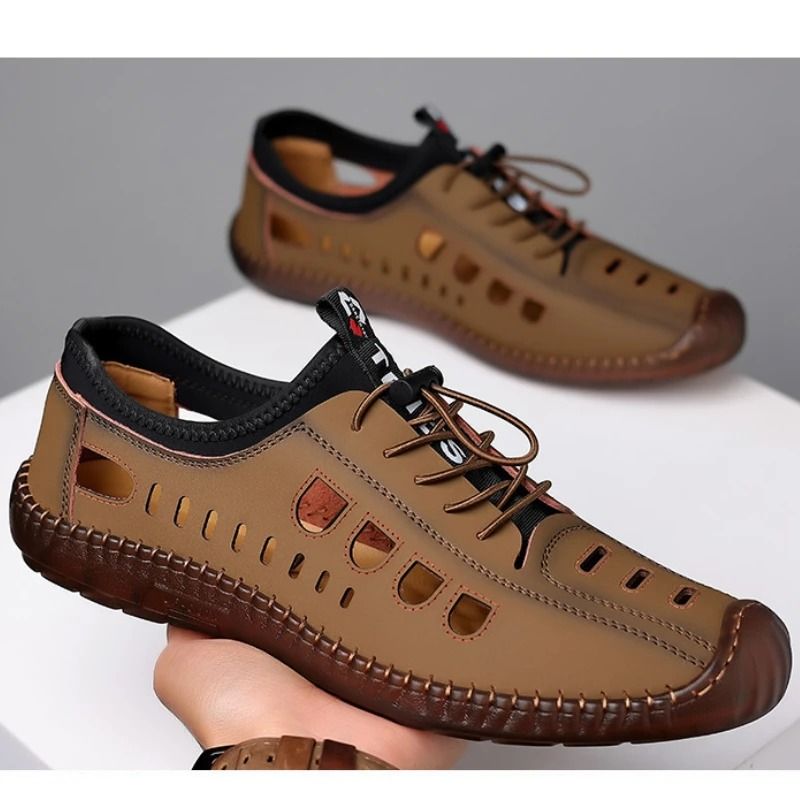 ASSKLO Men Leather Sandals PU Leather Loafers Hole Shoes Non-slip Cow Tendon Sole Casual Shoes Wading Shoes Beach Shoes Oxford outdoor lightweight sneakers Casual Sandals Hollow Out Shoes Flats brown