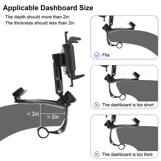 Car Phone Holder, 360 Degree Rotating Dashboard Car Phone Mount with Adjustable Spring Clip for 4-7in Smartphones