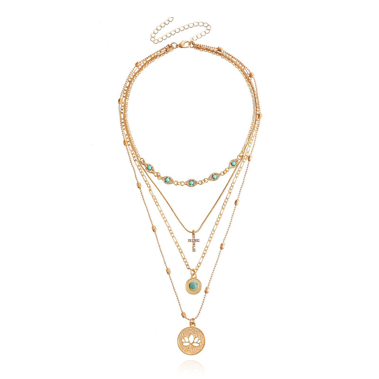 Multi level necklace European and American fashion ins multi-layer small hole chain hollow flower inlaid diamond cross pendant necklace for women