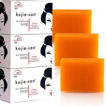 3 PIECES Kojie San Skin Lightening Soap + Bath Exfoliating scrub Gloves - Original Classic Kojic Acid Soap for Dark Spots, Hyperpigmentation, Whitening & Scars - Beauty Bar with Coconut & Tea Tree