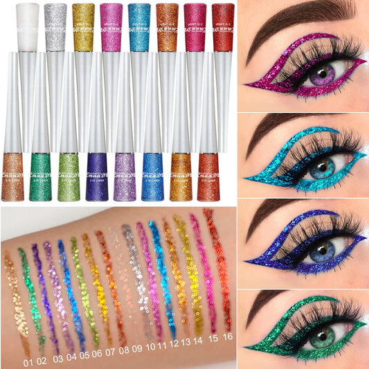 Colorful eyeliner liquid pen cosplay stage makeup explodes, waterproof, non halo dye gold silver green blue 16 color suit gold onion powder eyeliner liquid