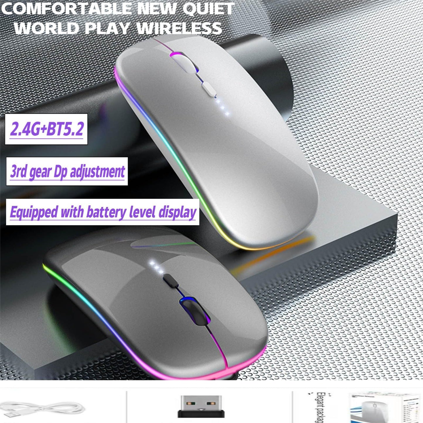 ZHJH Dual-mode gaming mouse with battery display Bluetooth wireless mouse Rechargeable silent luminous mouse suitable for tablets and computers