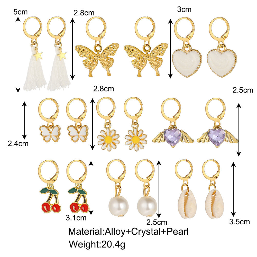 9 pairs of fashion jewelry new alloy inlaid rhinestone earrings set creative butterfly peach cherry pearl earrings Valentine's Day girlfriend gift for women