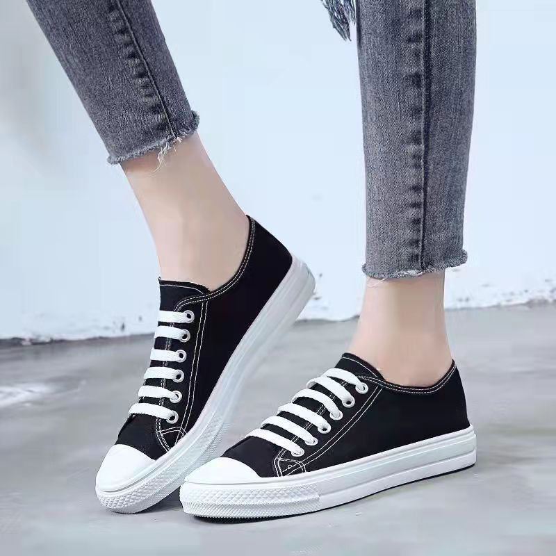 ASSKLO Flats shoes flat heel low top solid color black women's canvas small white shoes versatile version Black shoes