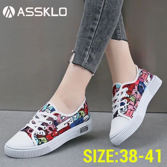 ASSKLO Canvas Flats Shoes Large Size Casual Sports Lady Shoes Sneakers Woman Shoes Women Low Top Classic Board Shoes Slip-ons Shoes Loafers Street Shoes Female Student Shoes Breathable colorful red