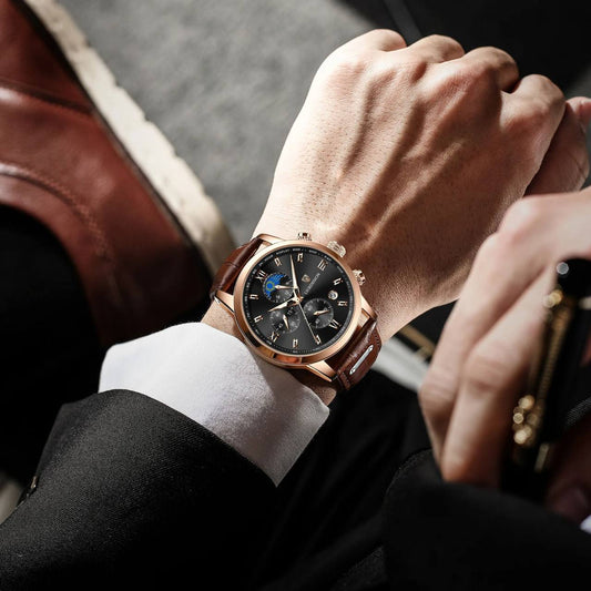 LIGE LG877A CHRONOGRAPH BROWN WHITE BLACK WHITEBROWN BLACK BATTERY POWERED CHRONOGRAPH MOVEMENT STAINLESS STEEL DATE DISPLAY MOON PHASE FUNCTION ORDER AND ENQUIRIES