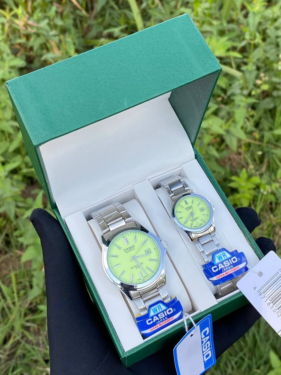 CASIO COUPLE A PAIR SINGLE WATER RESISTANT DATE DISPLAY STAINLESS STEEL FINISH BATTERY POWERED COUPLE BOXES CASIO BRANDED BOX ORDER AND ENQUIRIES