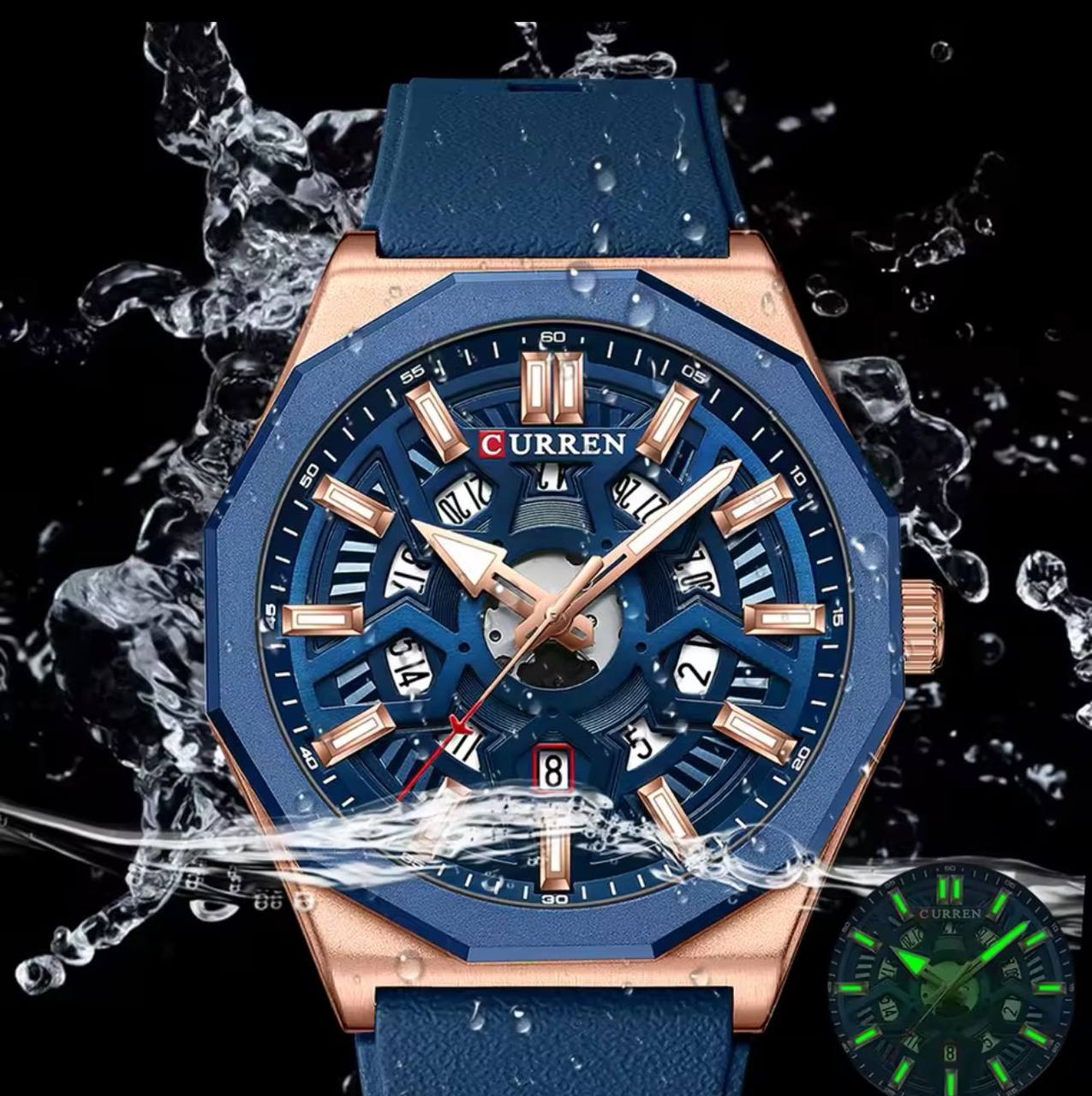 CURREN GENTS #8437 WATER RESISTANT BATTERY POWERED DATE DISPLAY LUMINOUS RUBBER STRAP CURREN BRANDED BOX @ ENQUIRIES