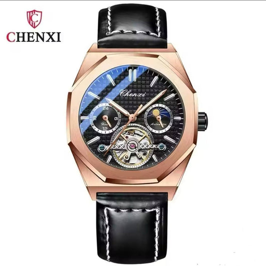 CHENXI AUTOMATIC MOONPHASE TOURBILLION MACHINE FULL CHRONOGRAPH LEATHER STRAP WATER RESISTANT ENGRAVING SERVICES AND ENQUIRIES