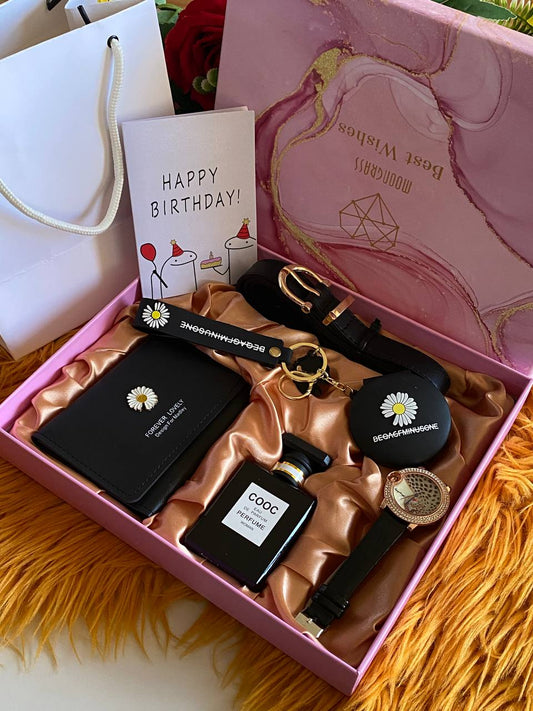 🧧6 1 LADIES BIRTHDAY GIFT PACK 🧧 PERFUME POCKET MIRROR BELT KEY HOLDER PURSE/WALLET WATCH COMES A GIFT BAG AND CARD ENQUIRIES