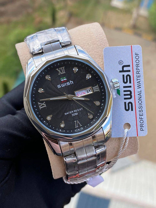 SWISH GENTS WATCH DAY&DATE DISPLAY BATTERY POWERED STAINLESS STEEL WATER RESISTANT TWO-TONE GOLDSILVER ENQUIRIES