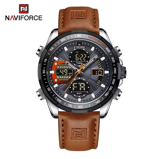 NAVIFORCE MEN #NF9197 LEATHER 3 COLOURS DUAL TIME DISPLAY LEATHER STRAP WATER RESISTANT LUMINOUS HANDS BATTERY POWERED ENGRAVING SERVICES FROM ENQUIRIES