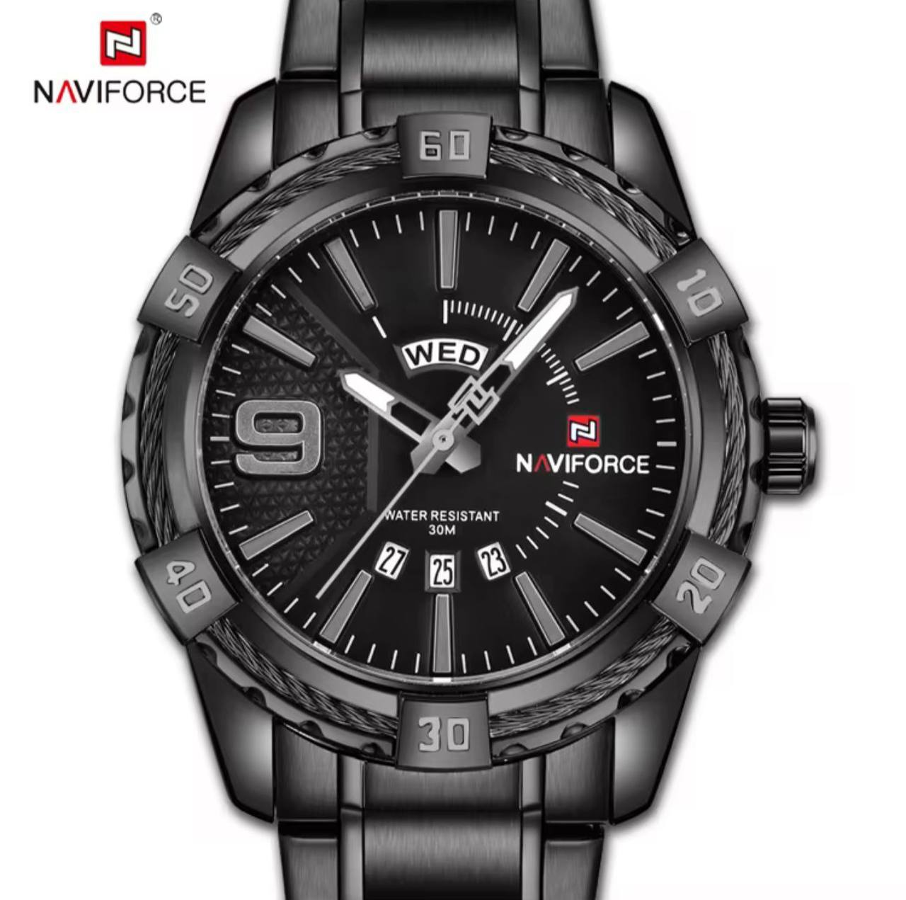 NAVIFORCE GENTS WATCH #NF 9117 DAY AND DATE DISPLAY STAINLESS STEEL FINISH WATER RESISTANT BATTERY POWERED GOLD BLACK ENGRAVING SERVICES ENQUIRIES