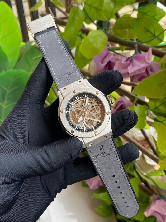 HUBLOT AUTOMATIC WATCH AUTOMATIC MOVEMENT SUEDE STRAP WATER RESISTANT TOURBILLON MACHINE AND ENQUIRIES
