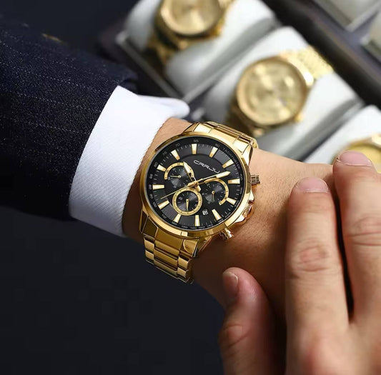 CRRJU CHRONOGRAPH GENTS WATCH DATE DISPLAY WATER RESISTANT STAINLESS STEEL BATTERY POWERED ⃣2 COLOR OPTIONS ENGRAVING SERVICES ENQUIRIES