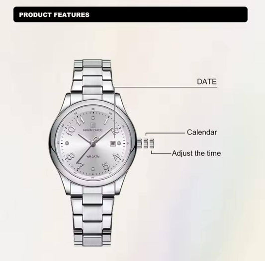 NAVIFORCE LADIES #NF5059 STAINLESS STEEL WATER RESISTANT BATTERY POWERED QUARTZ CALENDER 5 COLOR OPTIONS ENGRAVING SERVICES ENQUIRIES