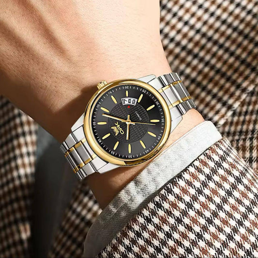 OPK GENTS WATCH #6028 DATE DISPLAY STAINLESS STEEL BATTERY POWERED WATER RESISTANT ENGRAVING SERVICES ENQUIRIES