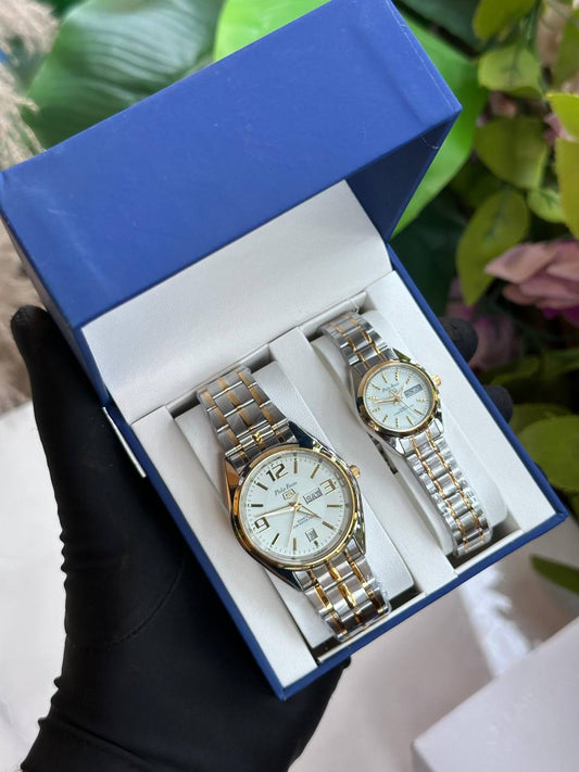 PHILIP PERSIO WATCH COUPLE PAIR DAY&DATE DISPLAY WATERPROOF BATTERY POWERED STRONG LUMINOUS DISPLAY TWO-TONE SILVER COUPLE BOX