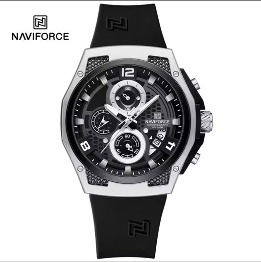 NAVIFORCE GENTS WATCH #NF 9208 ANALOGUE & DIGITAL DISPLAY LIGHT BUTTON WATER RESISTANT BATTERY POWERED LEATHER STRAP ENGRAVING SERVICES ENQUIRIES