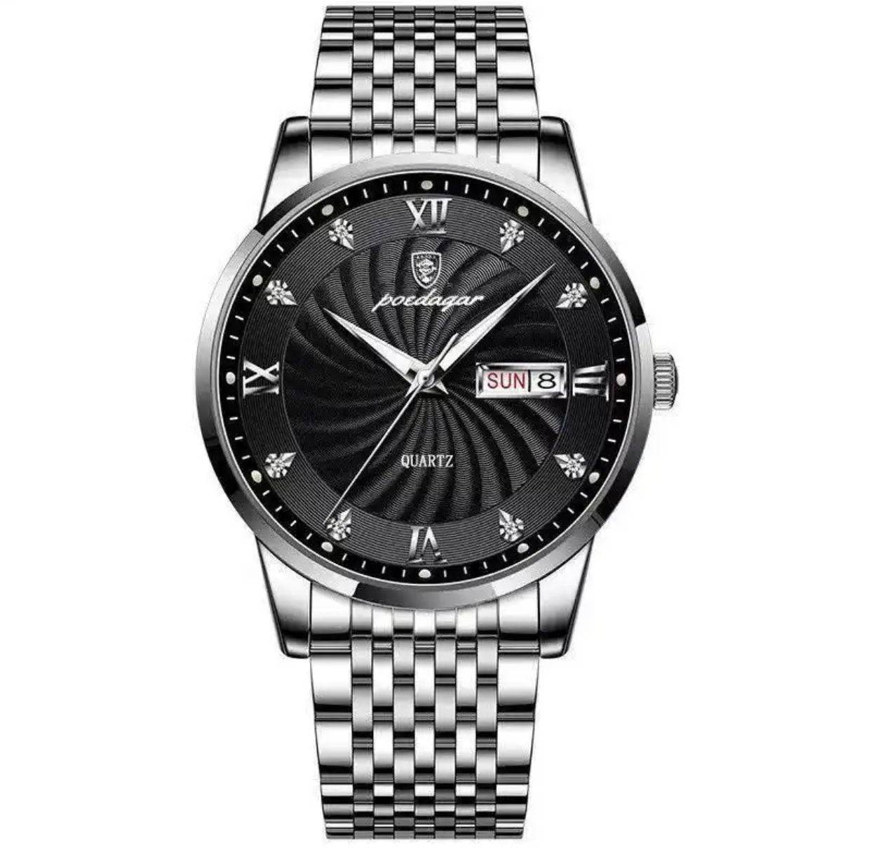 POEDAGAR MEN 836 3ATM WATER RESISTANT DAY AND DATE DISPLAY STAINLESS STEEL FINISH COLOURS TWOTONE WHITE FACE TWOTONE BLACK FACE SILVER BLACK FACE